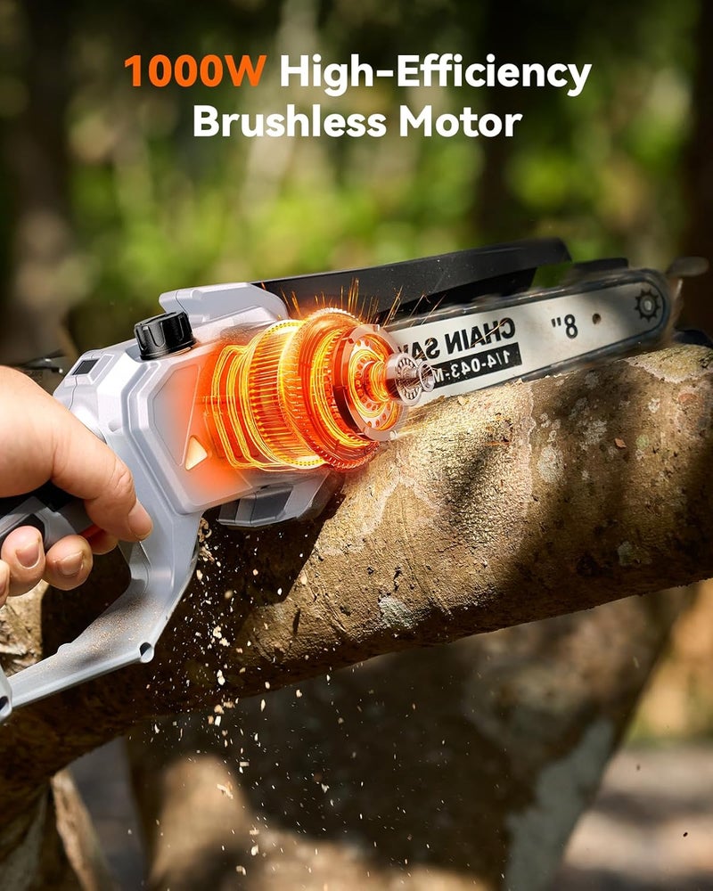 TaskStar 8-Inch Mini Chainsaw Cordless, Brushless Motor, 2×2000mAh Batteries, Lightweight Handheld Electric Chain Saw for Cutting Thick Branches, Tree Trimming, Wood Cutting, Easy to Use & Maintain - Image 3